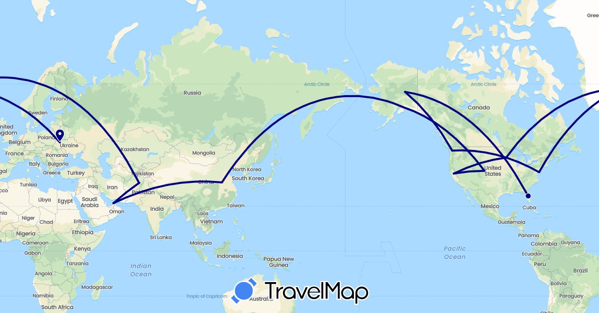 TravelMap itinerary: driving in United Arab Emirates, Afghanistan, China, Germany, United States (Asia, Europe, North America)